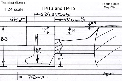 Cross section diagram of castings H413, 414