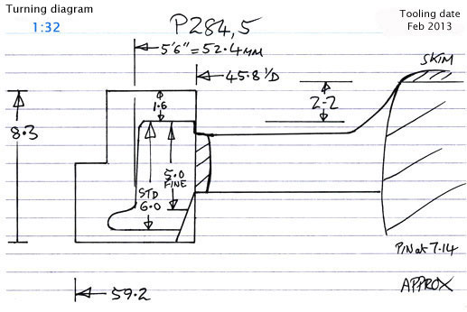 Cross section diagram of castings P284, 285