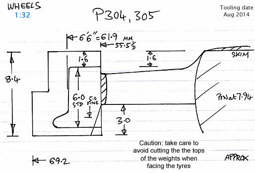 Cross section diagram of castings P304, P305 - waits casting
