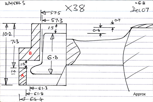 Cross section diagram for casting X38 for 6.8 mm wide tyre