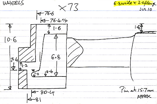 Cross section diagram of casting X73 with 6.8 standard tyre width