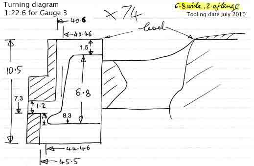 Cross section diagram of casting X73 for 6.8 mm tyre width